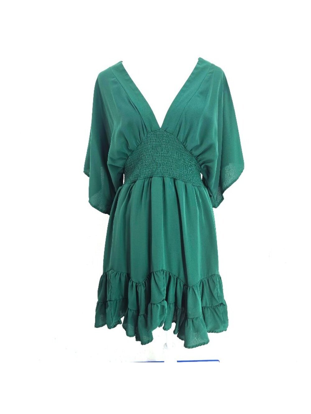 She + Sky Emerald Green Kimono Flutter Sleeve Tiered V Neck Mini Dress Women S